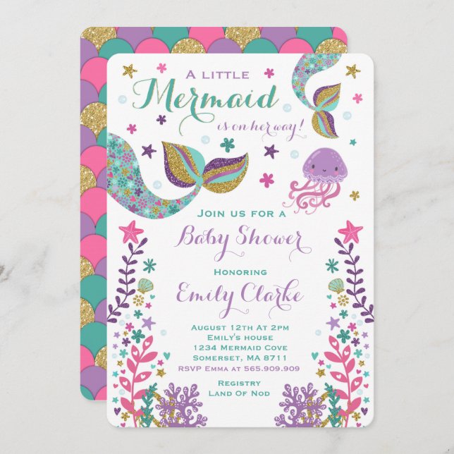 Mermaid Baby Shower Invitation Pink Gold Shower (Front/Back)