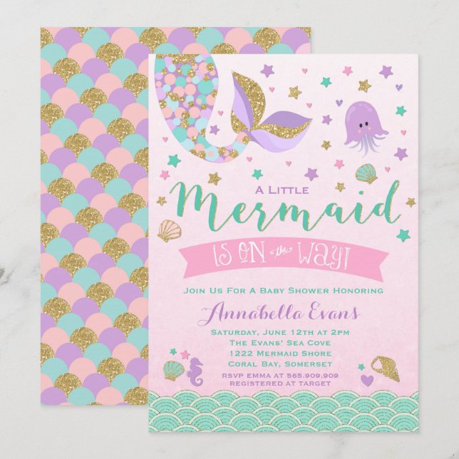 Mermaid Baby Shower Invitation Pink Purple Teal (Front/Back)