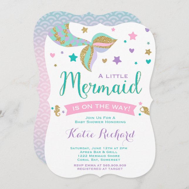 Mermaid Baby Shower Invitation Pink Teal Purple (Front/Back)