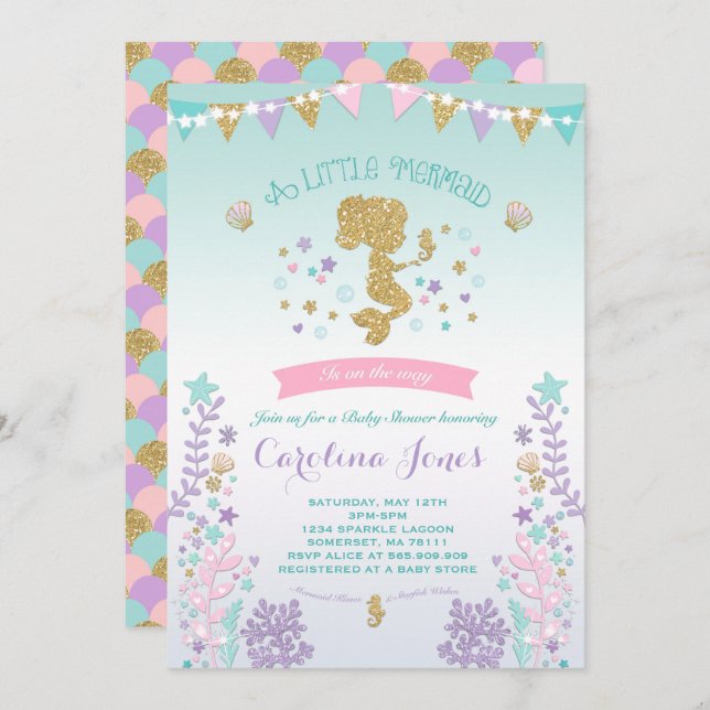 Mermaid Baby Shower Invitation Pink Teal Purple (Front/Back)