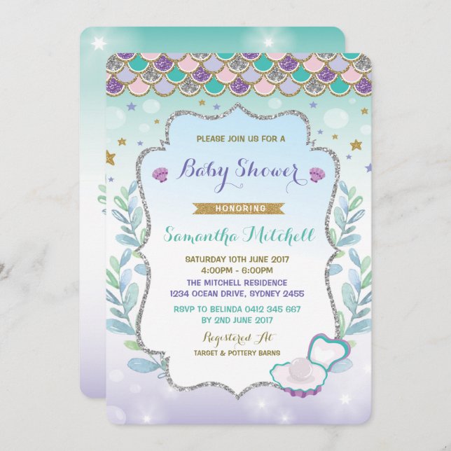 Mermaid Baby Shower Invitation Purple Gold Ocean (Front/Back)