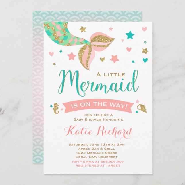 Mermaid Baby Shower Invitation Teal Coral Gold (Front/Back)