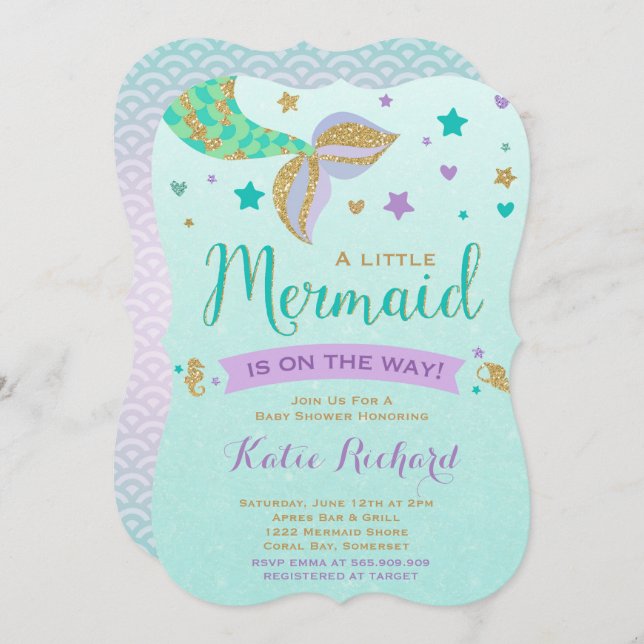 Mermaid Baby Shower Invitation Teal Purple Gold (Front/Back)