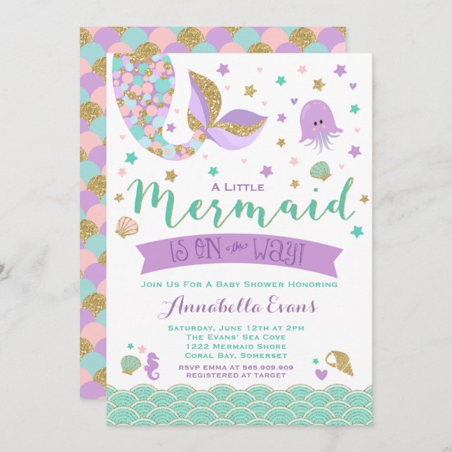 Mermaid Baby Shower Invitation Teal Purple Gold (Front/Back)