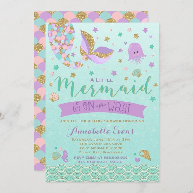 Mermaid Baby Shower Invitation Teal Purple Gold (Front/Back)