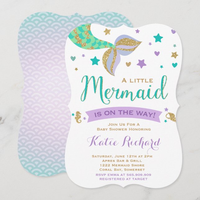 Mermaid Baby Shower Invitation Teal Purple Gold (Front/Back)