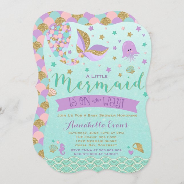 Mermaid Baby Shower Invitation Teal Purple Gold (Front/Back)