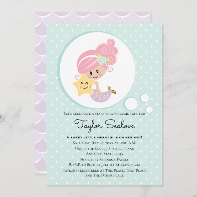 Mermaid Baby Shower Light Skin Tone Invitation (Front/Back)