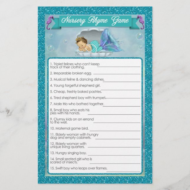 Mermaid Baby Shower Nursery Rhyme Game #130 (Front)