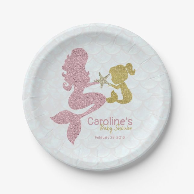 Mermaid Baby shower Rose Gold Paper Plates (Front)