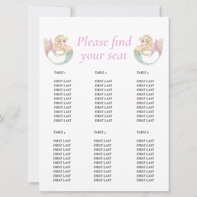 Mermaid Baby Shower. Table chart  Invitation (Front)