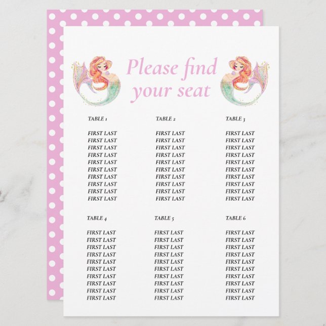 Mermaid Baby Shower. Table chart  Under the Sea Invitation (Front/Back)