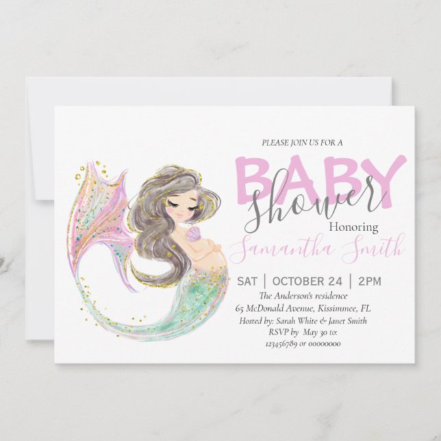 Mermaid Baby Shower. Under The Sea. Glitter Announcement (Front)