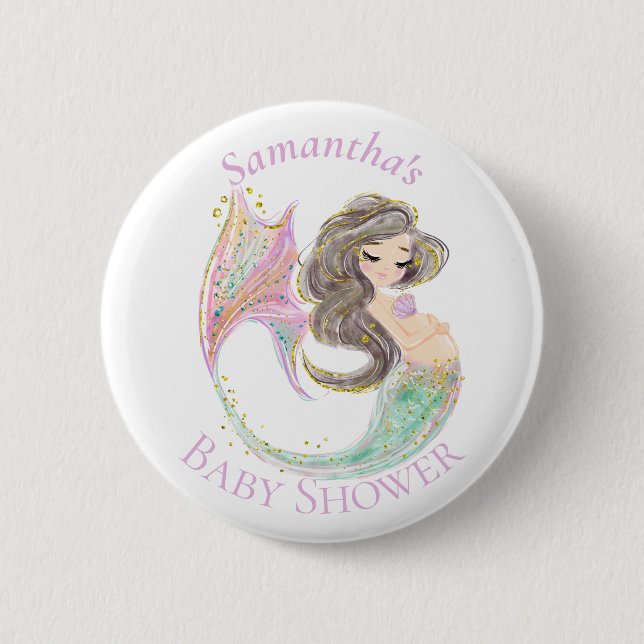 Mermaid Baby Shower. Under The Sea. Glitter Button (Front)