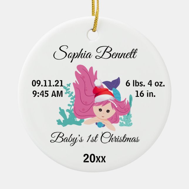 Mermaid Baby's Girl First Christmas Custom Photo  Ceramic Ornament (Front)