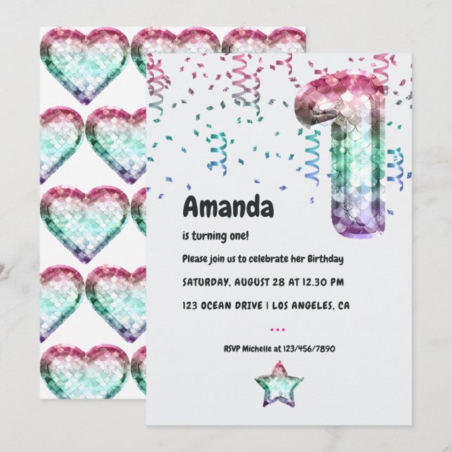 Mermaid Balloon 1st Birthday Invitation (Front/Back)