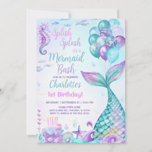 Mermaid Bash 1st Birthday Invitation