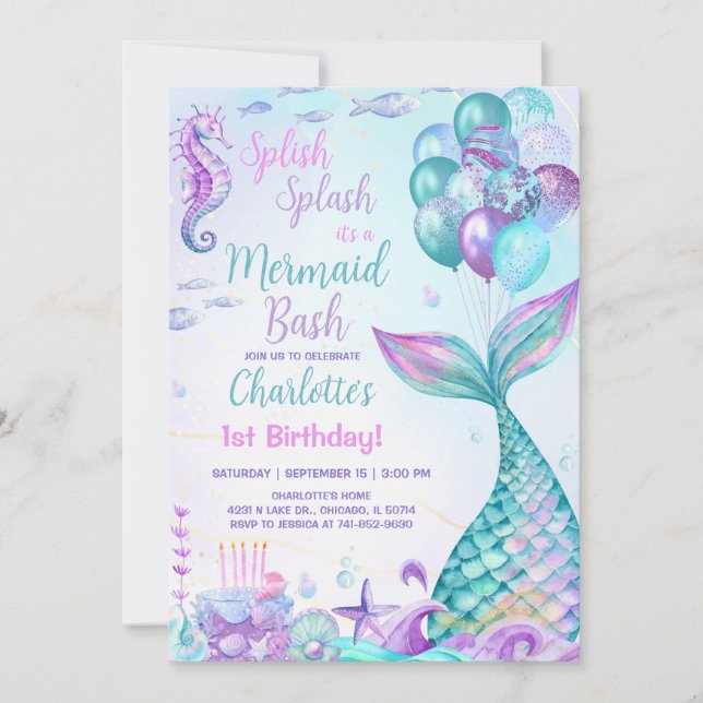 Mermaid Bash 1st Birthday Invitation (Front)