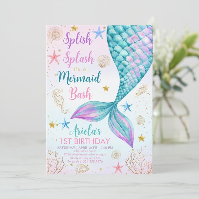 Mermaid Bash Under the Sea 1st Birthday Invitation (Standing Front)