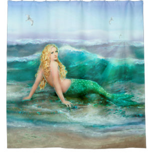 Mermaid Basking on Shore of Aqua Blue Sea Shower Curtain