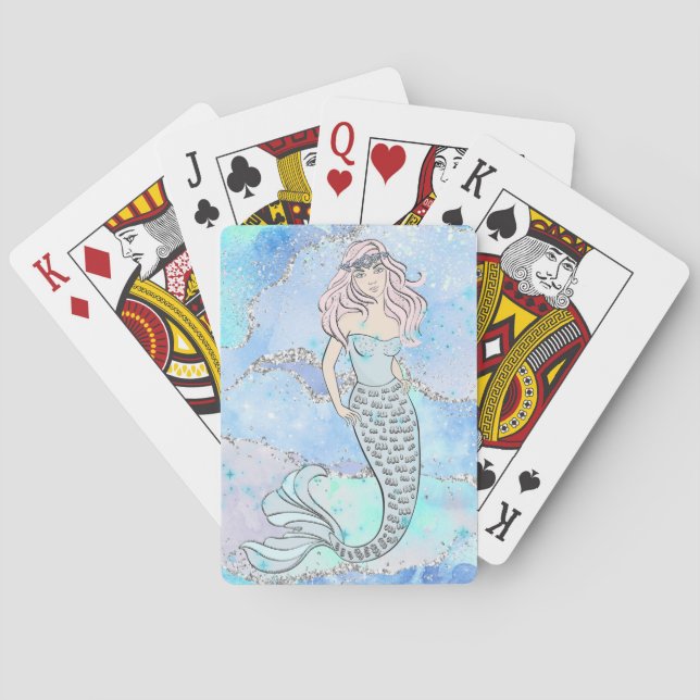 Mermaid Beautiful Ocean Blue Teal Glitter Girly Playing Cards (Back)