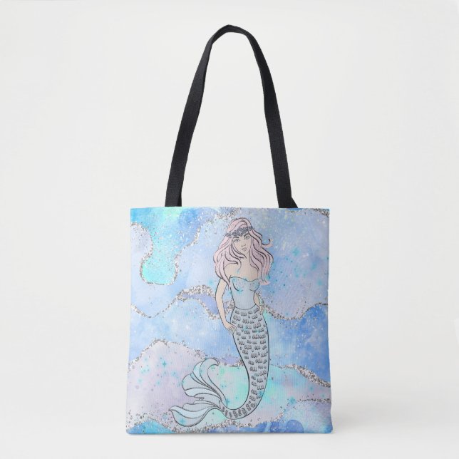 Mermaid Beautiful Ocean Blue Teal Glitter Girly Tote Bag (Front)