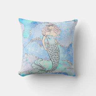 Mermaid Beautiful Underwater Blue Teal Glitter Cushion