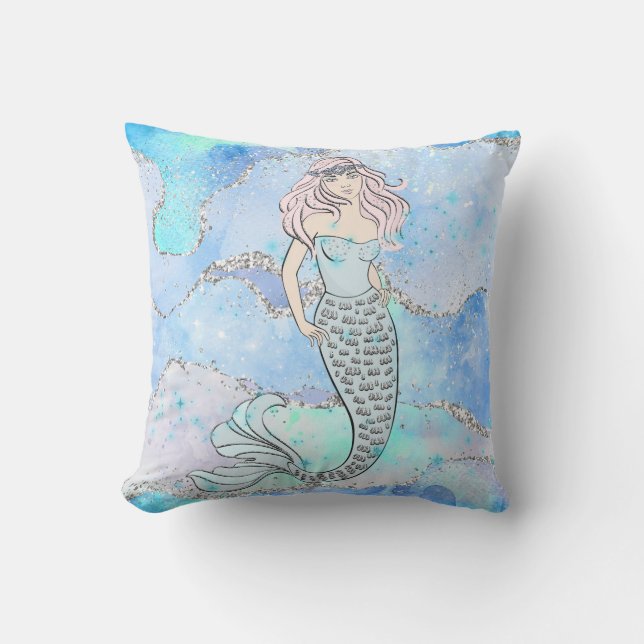 Mermaid Beautiful Underwater Blue Teal Glitter Cushion (Front)