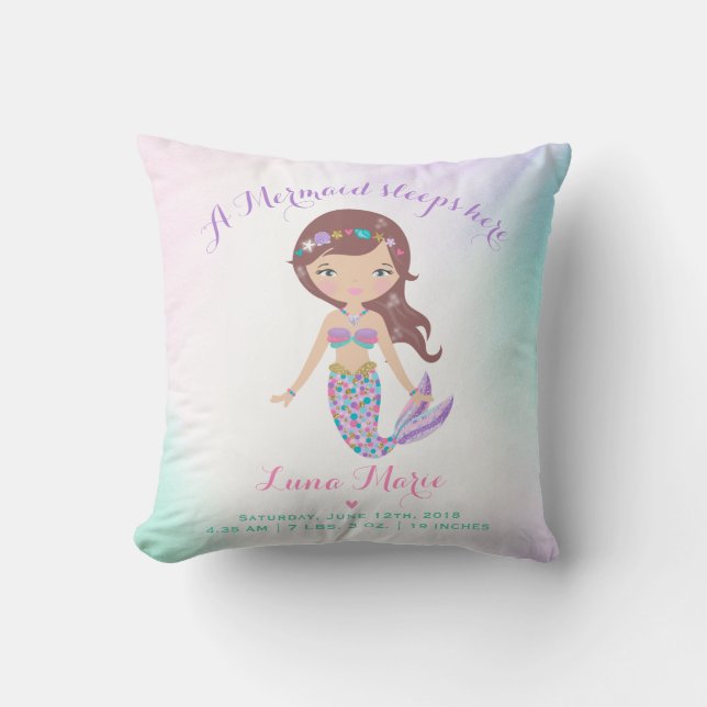 Mermaid Birth Stats Throw Pillow Mermaid Nursery (Front)