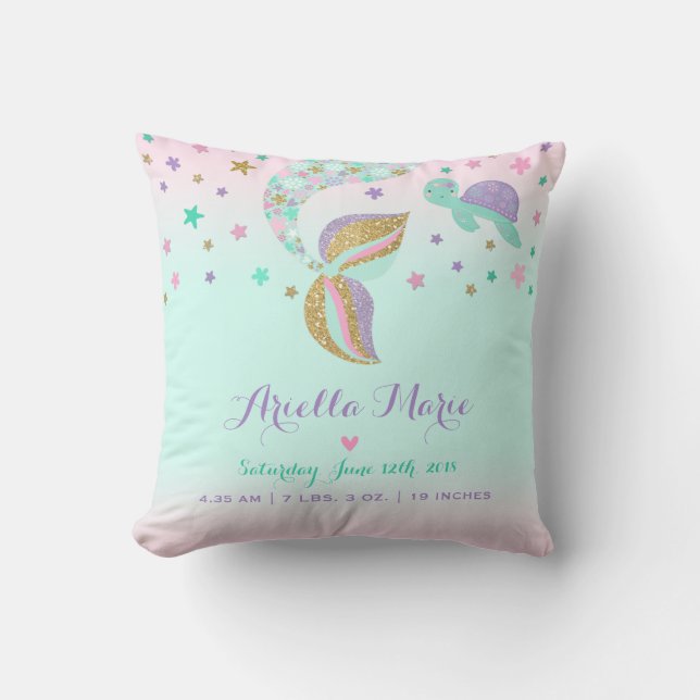 Mermaid Birth Stats Throw Pillow Mermaid Nursery (Front)