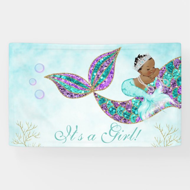 Mermaid Birthday backdrop Banner African American (Horizontal)