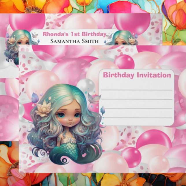Mermaid Birthday Balloons Pink Envelope (Mermaid Party Supplies are sure to go down with a splash! )