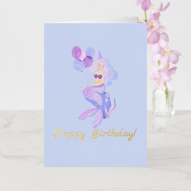 Mermaid Birthday Blue Foil Greeting Card (Orchid)