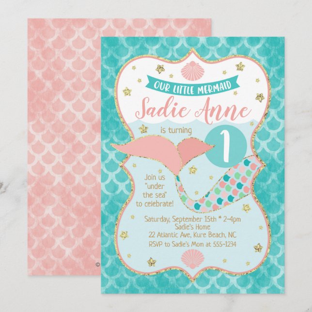 Mermaid Birthday Coral and Teal Invitation (Front/Back)