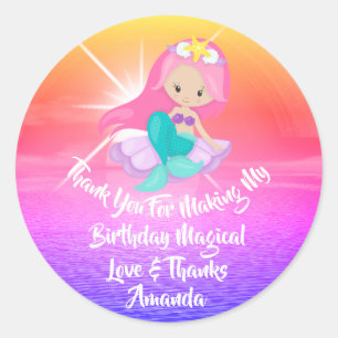 Mermaid Birthday Favor Girl Magic Sunset Pink Classic Round Sticker