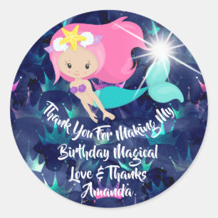Mermaid Birthday Favour Girl Spark Braid Pink Sea Classic Round Sticker