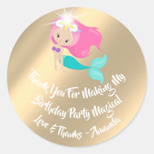Mermaid Birthday Favour Pink Spark Gold Seashells Classic Round Sticker