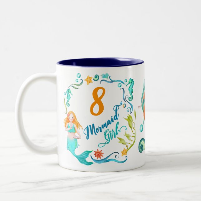 Mermaid Birthday Girl. Personalise Any Age + Name Two-Tone Coffee Mug (Left)