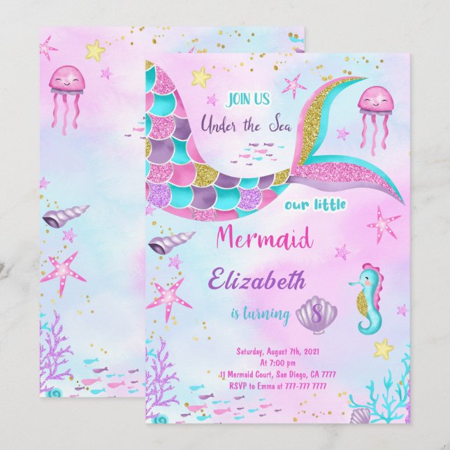 Mermaid Birthday Invitation (Front/Back)