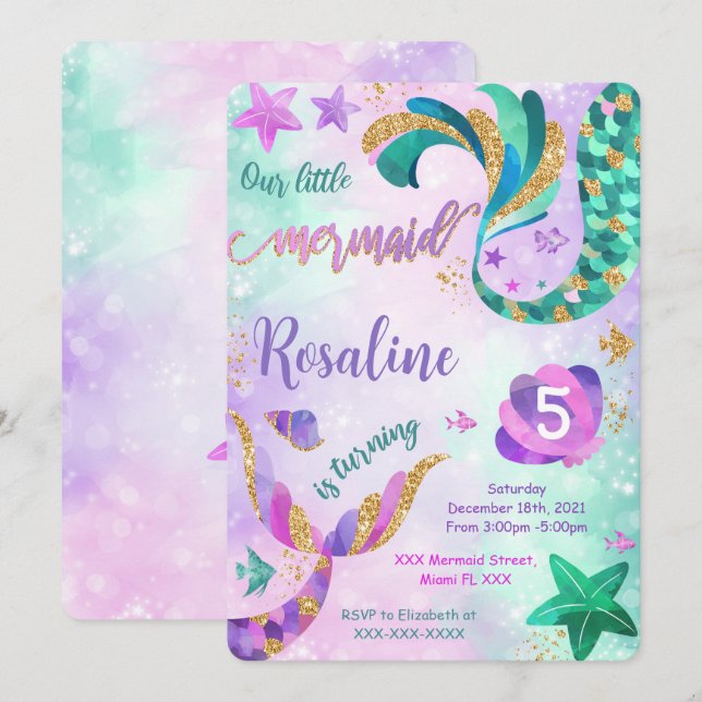 Mermaid Birthday Invitation (Front/Back)