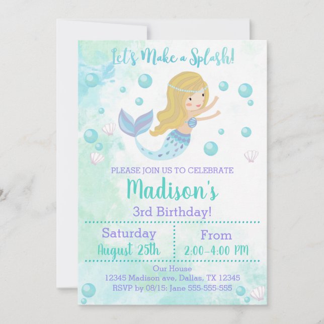 Mermaid Birthday Invitation, Blonde Mermaid Invitation (Front)