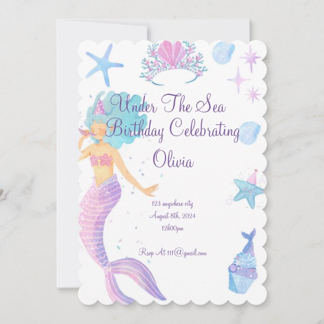 Mermaid Birthday Invitation For Girls Birthday  (Front)