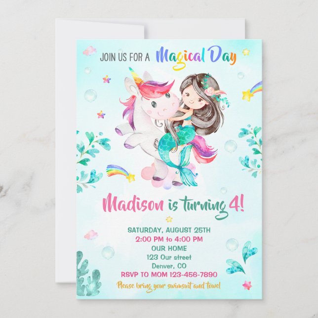 Mermaid birthday invitation Girl Magical party day (Front)