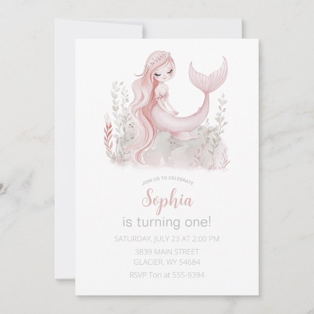 Mermaid Birthday Invitation in Pink (Front)
