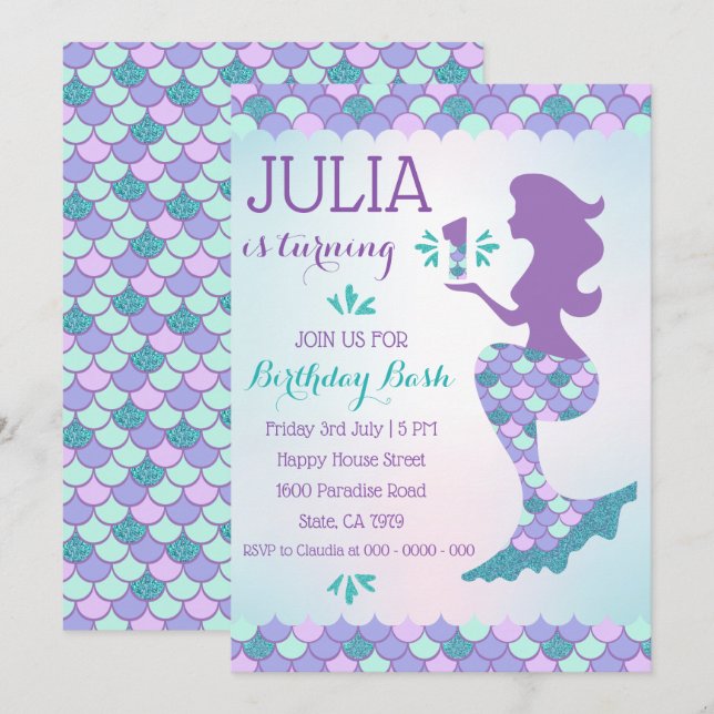 Mermaid Birthday Invitation Mermaid Number 1 (Front/Back)