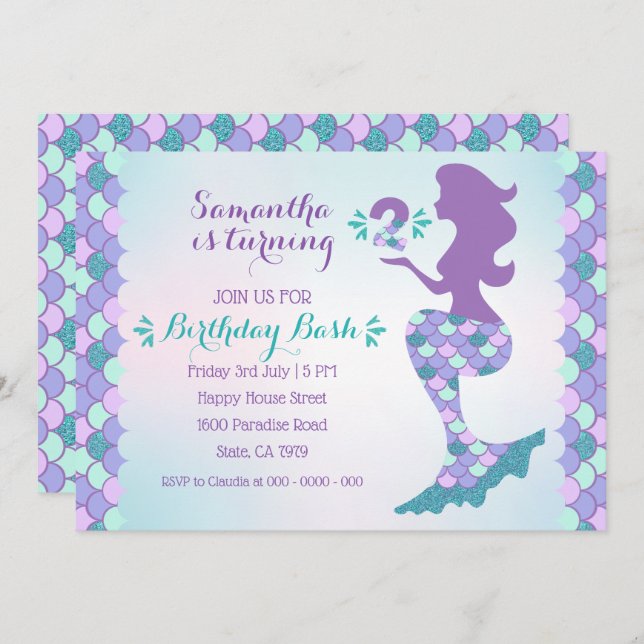 Mermaid Birthday Invitation Mermaid Number 2 (Front/Back)