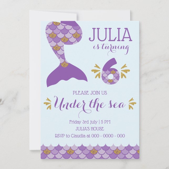 Mermaid Birthday Invitation Mermaid Number 6 (Front)