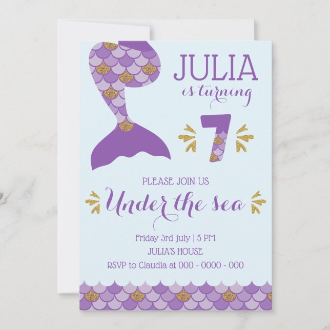 Mermaid Birthday Invitation Mermaid Number 7 (Front)