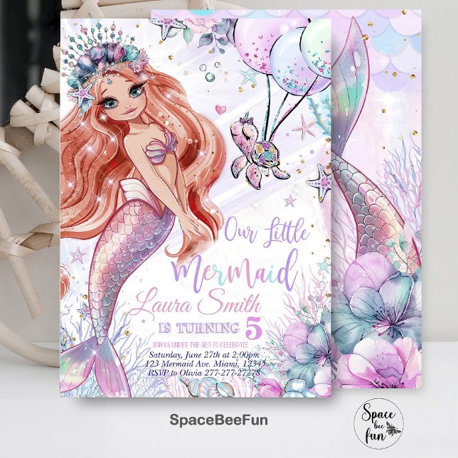 Mermaid Birthday Invitation Mermaid Party invite (Mermaid Birthday,mermaid Invitation,Party Mermaid invite,Girl Pink mermaidtemplate,)