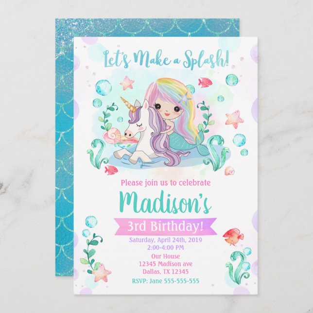 Mermaid Birthday Invitation / Mermaid & Unicorn (Front/Back)